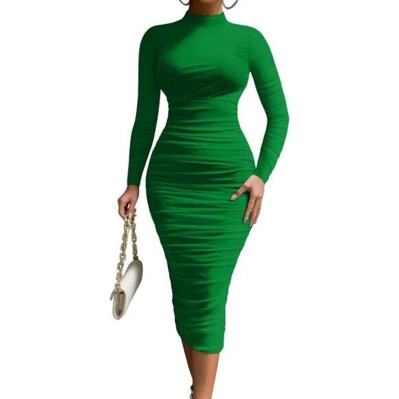 LAGSHIAN Women's Cocktail Bodycon Green Long Sleeve Mock Neck Midi Dress - Picture 1 of 8